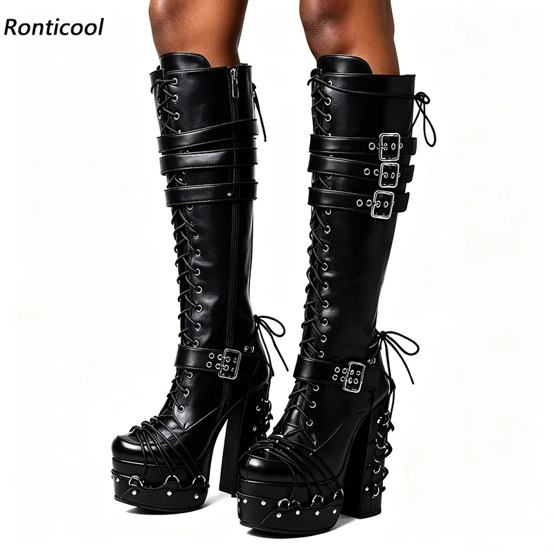 Ronticool Handmade Women Punk Style Knee High Boots Side Zipper Chunky Heel Round Toe Black  Night Club Shoes US Size 5-20