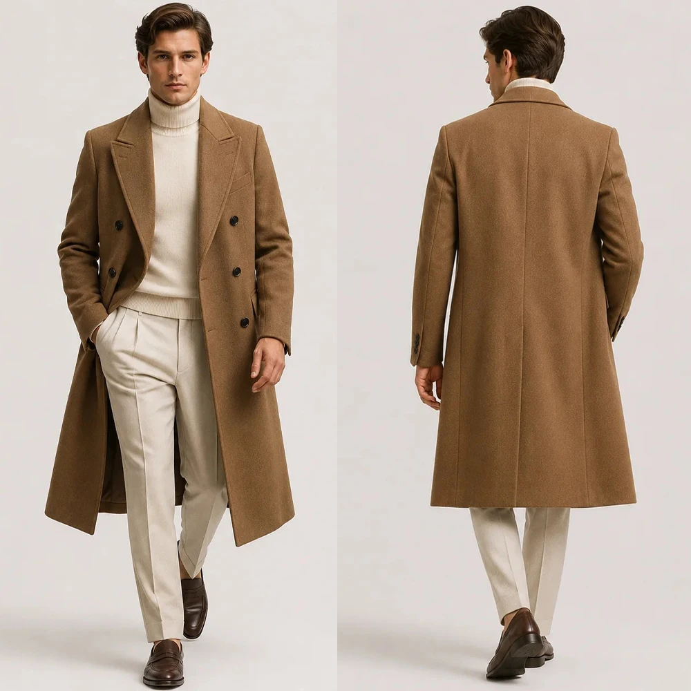 Luxury Camel Wool Men's Coat Double Breasted Trench Coat Party Prom Customized Formal Long Overcoat E26280