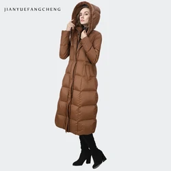 Chaqueta larga con capucha para mujer, abrigo resistente al frío por encima de la rodilla, gabardina a prueba de viento, Parkas de plumón de ganso blanco cálido, Invierno