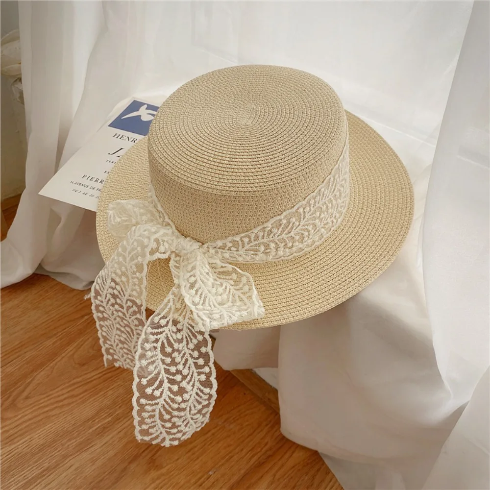 

Style Accessory Lace Bow Straw Hat Sun Protection Wide Brim Sun Protection Hat Elegant Visor Cap Beach Vacation