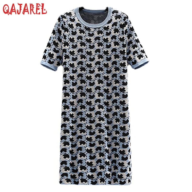 

2024 New Print Knitted Cotton Short Sleeve Midi Dress Summer Korean Vintage Casaul Party Dress Women Elegant Loose Waist Dresses