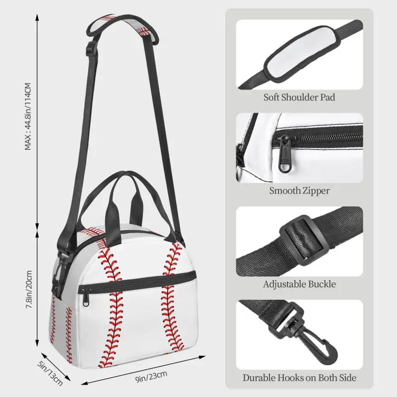 Red Stitching Baseball Sport Insulated Lunch Bag for School Picnic Beach Thermal Bento Tote Bag with Adjustable Shoulder Strap