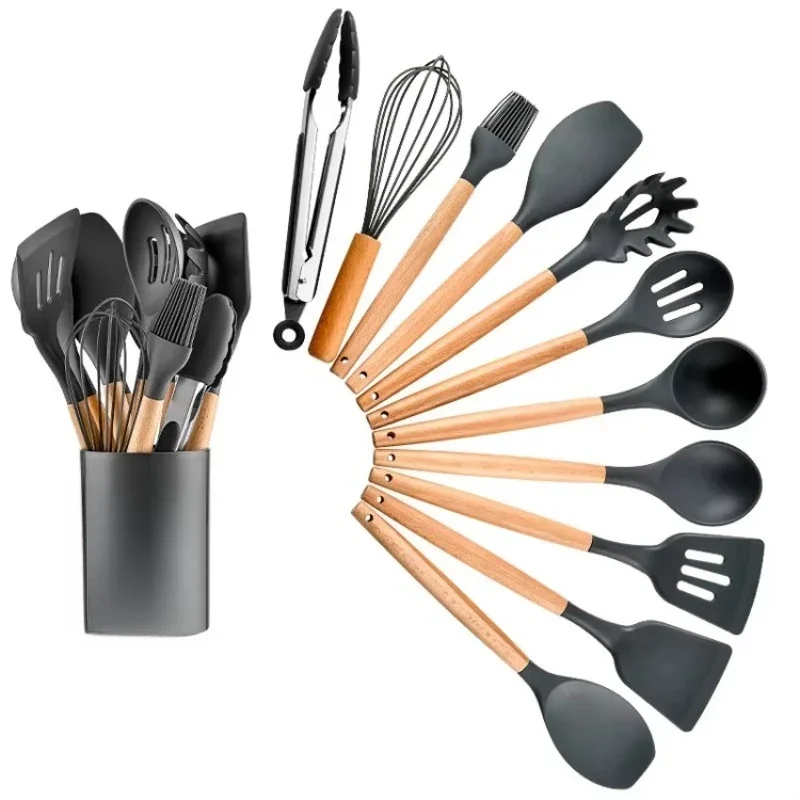 11 Non-Stick Household Accessories Baking Tools Cookware Cooking Set Silicone Kitchenware Wooden Handles