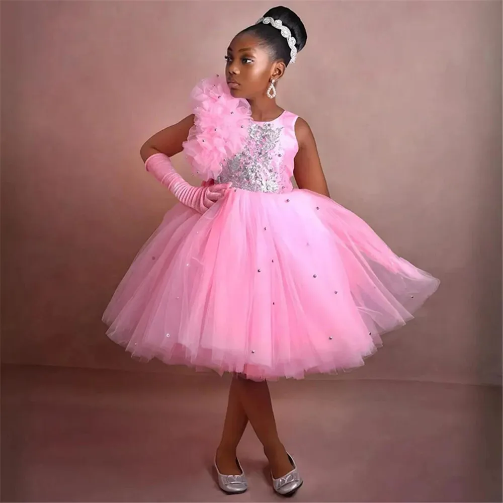 

Pink Flower Girl Dress Scoop Neck Off The Shoulder Big Bow Puff Cute Birthday Party Dresses Communion Gown