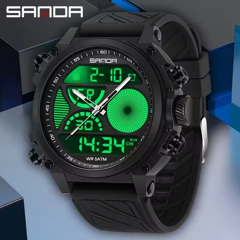 SANDA 6236 Military Men's Quartz Electronic Watch Outdoor Sports Waterproof Watch Dual Display Multifunctional Digital Watch