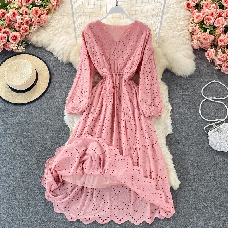 2023 New Spring Autumn Women V-Neck Long Sleeve Slim Long Dress Elegant Retro Embroidery Hollow Out Big Hem Evening Party Dress