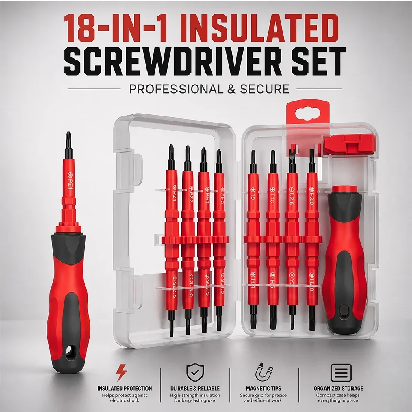 18 in 1 Insulated Screwdriver Set, Electrical Repair Tool Kit Magnetic Torx Phillips Pozidriv Double-Ended Precision Screwdriver