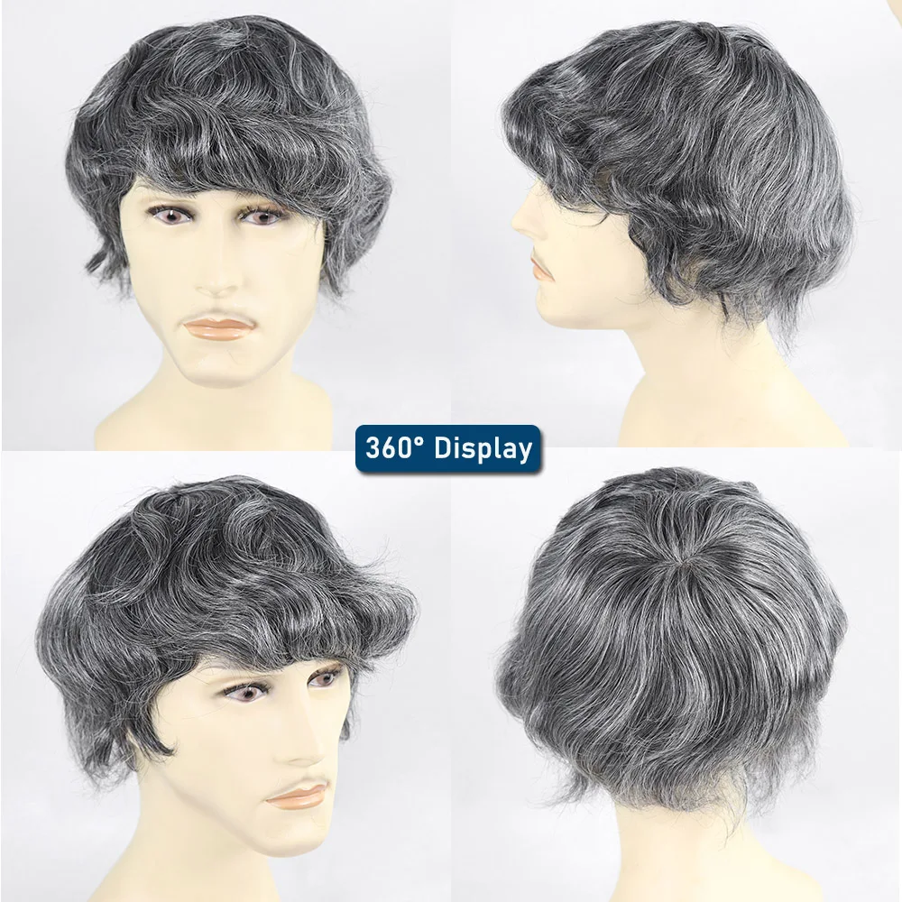 Grey Human Hair Prosthsis Breathable Mono Lace Mens Wig System Toupee for Men Hairpiece Natural Hairline Male Wig Unit