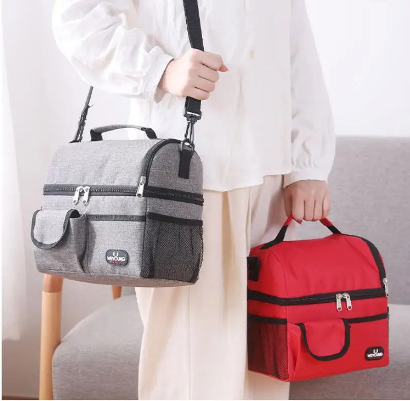 

New Double Layer Tote Lunch Bags Large Oxford Cloth Cooler Picnic bags with Shoulder Strap School Office Insulation Bag bolsa 가방