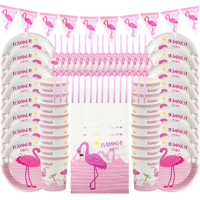 Pink Flamingo Birthday Party Decorations Paper Banner Plates Cups Napkins Disposable Tableware Set Kids Hawaii Party Supplies