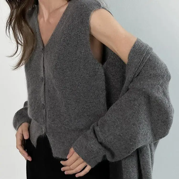 

Women's Knitted Tee-Piece Set Long Sve Ele Sle Winter Cardigan Sweater Vest Outfit Pure Color Faionable Women's ...