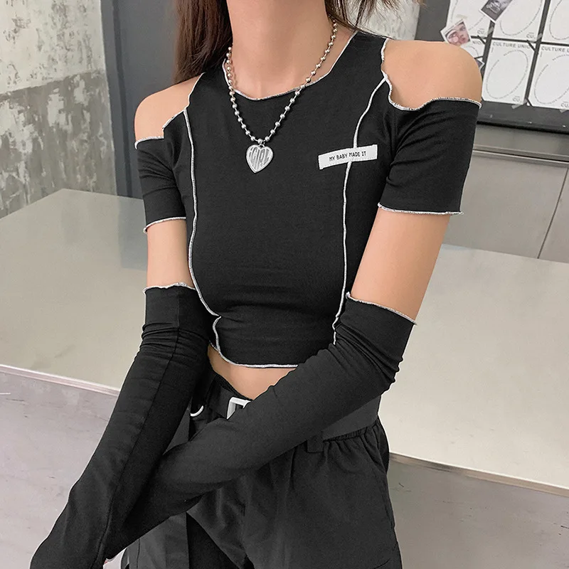 

Europe and the United States wind women's autumn and winter new fashion labeling slim crewneck short T-shirt women