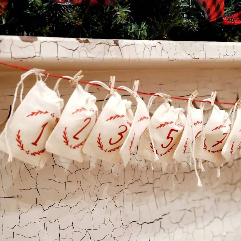 

Set of 24 Advent Calendar Drawstring Gift Bag Red Farmhouse Decorate Christmas Countdown Vintage Inspired Nordic Home Accessory