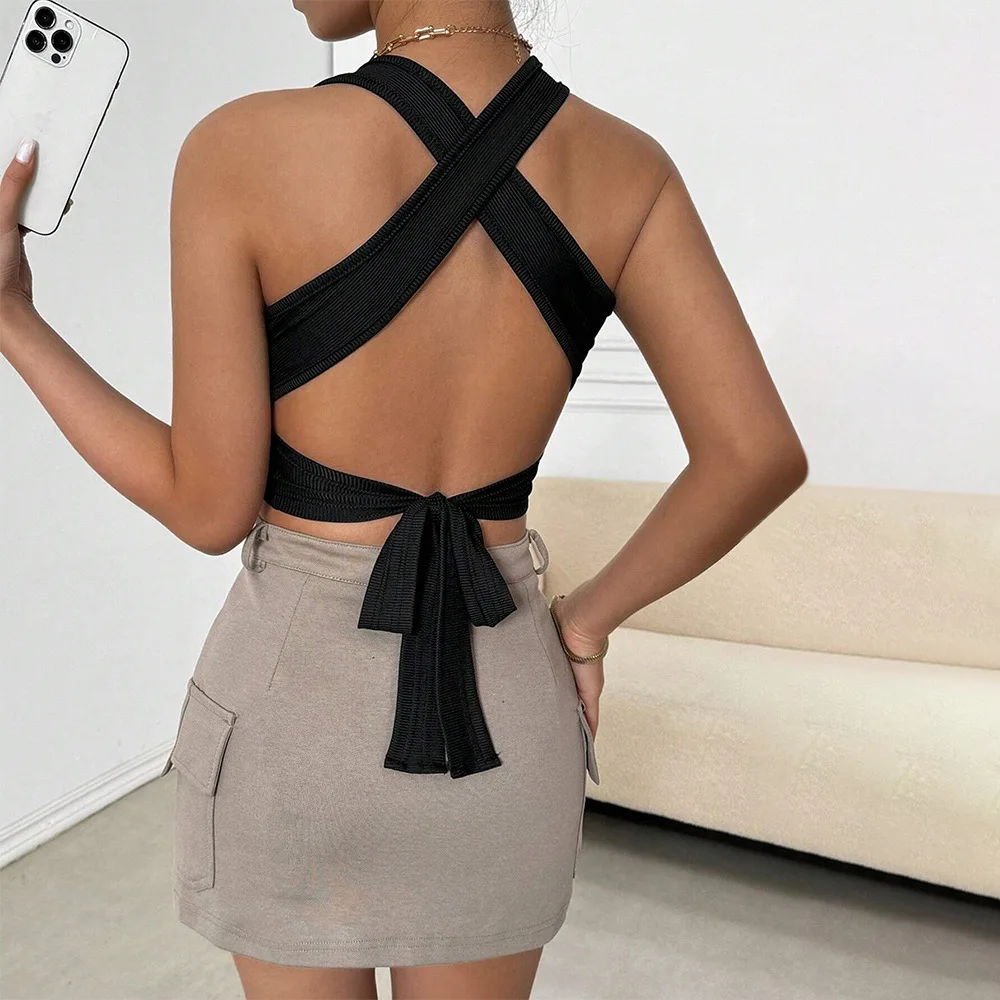 

European and American New Summer Slim Fit Sexy Hot Girl Slim and Generous Collar Backless Lace up Short Top