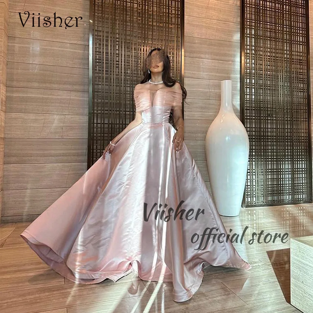 

Viisher Peach Off Shoulder Evening Dresses Draped Satin A Line Long Prom Party Dress Floor Length Arabic Dubai Formal Gowns