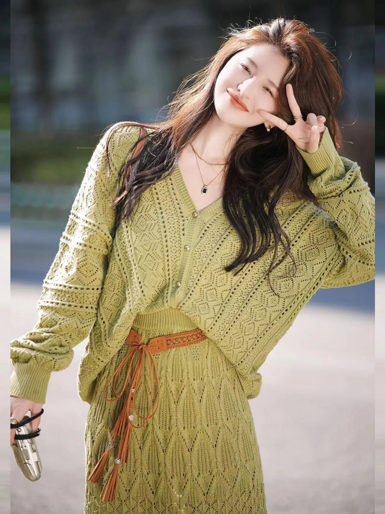 

2 Piece Skirt Set Botton V Neck Hollow Out Knitted Cardigan +High Waisted Skirt Lounge Wear Summer Clothes for Women Knit Set