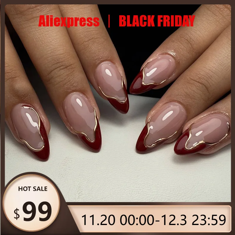 

24 шт. нажатые ногти 3D нестандартной формы в винтажном стиле, золотистый французский маникюр средней длины в форме миндаля, идеальный подарок для женщин