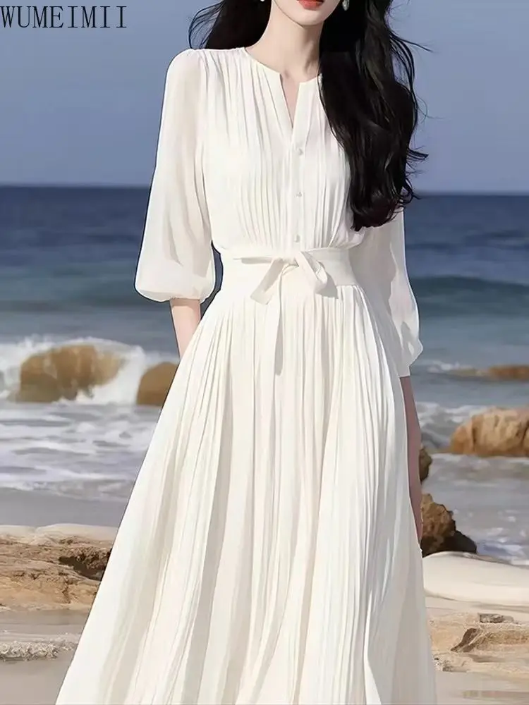 Spring and Summer French Celebrity  Generous Decent Gentle Wind White Chiffon Simple Dress