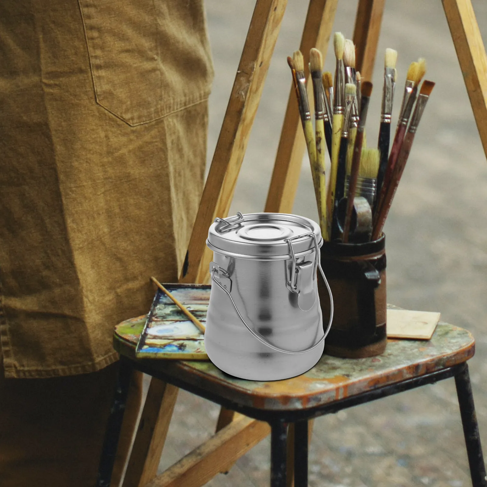 Painting Brush Washing Bucket Stainless Steel with Cover Portable Water Container for Outdoor Sketching Travel Brush Cleaning