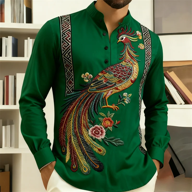 Kemeja etnik pria lengan panjang dengan cetakan 3D Phoenix |   Pola tradisional yang berwarna-warni |   Kemeja formal kasual untuk kantor/acara