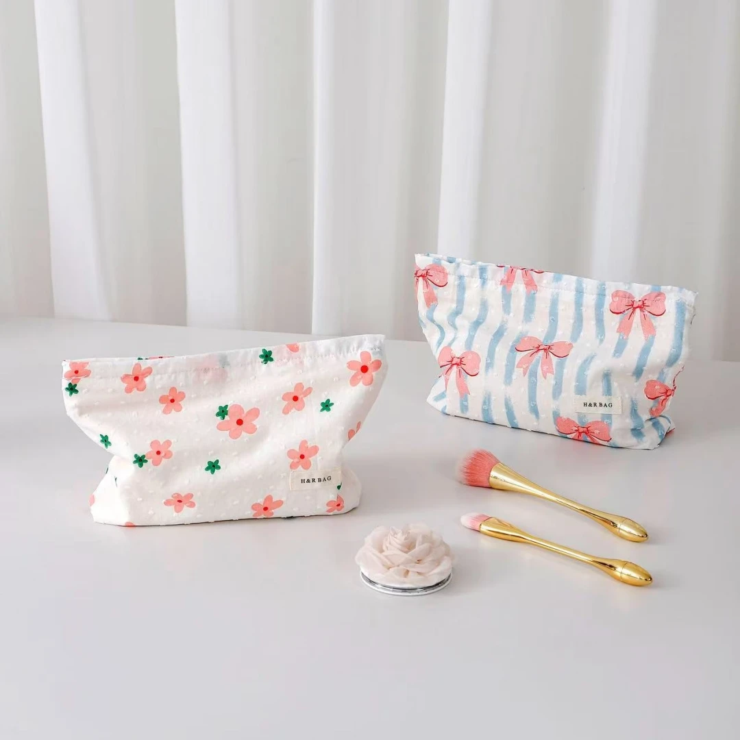 Canvas Liner Bag Compact Cosmetic Storage Pouch Fabric Clutch Exquisite Cotton Floral Makeup Bag For Vanity Everyday Use Handbag