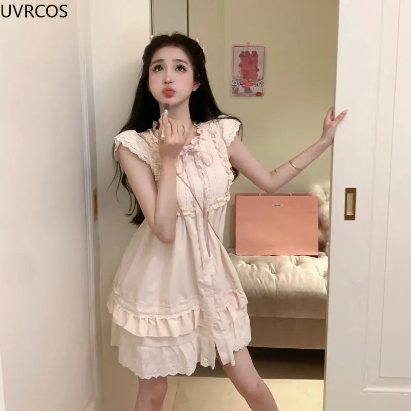 Summer Lace-ups Bow Korea Kawaii Fairy Dress Women France Elegant Party Mini Dresses Chic Flying Sleeve Sweet Cute Ruffles Dress