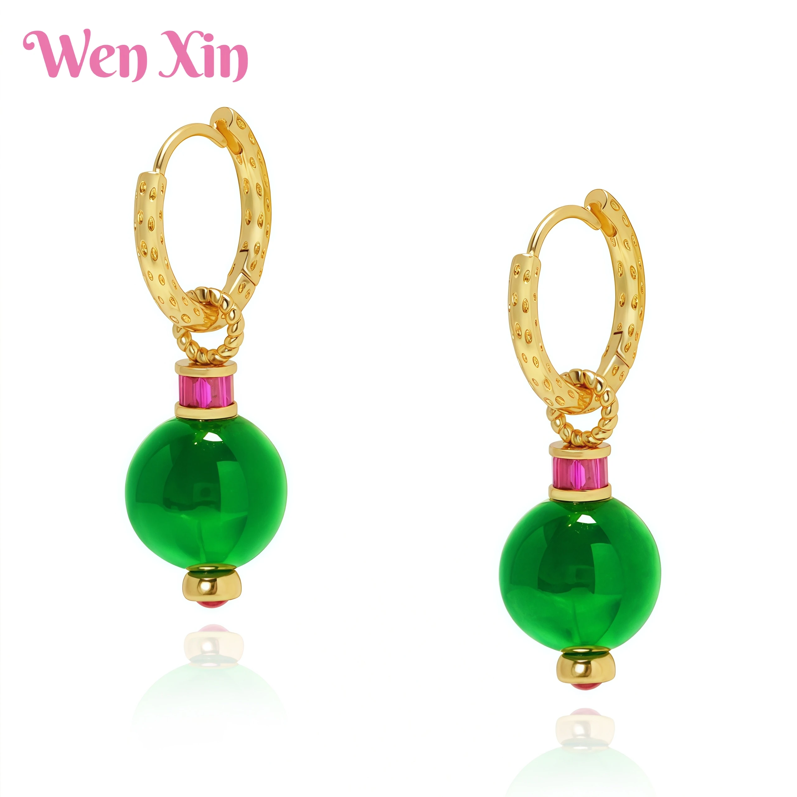 

WENXIN Top Quality Luxury Brand Jewelry Green Jadeite Lantern Earrings New Retro Emeralds Earrings Pendants Earrings Accessories