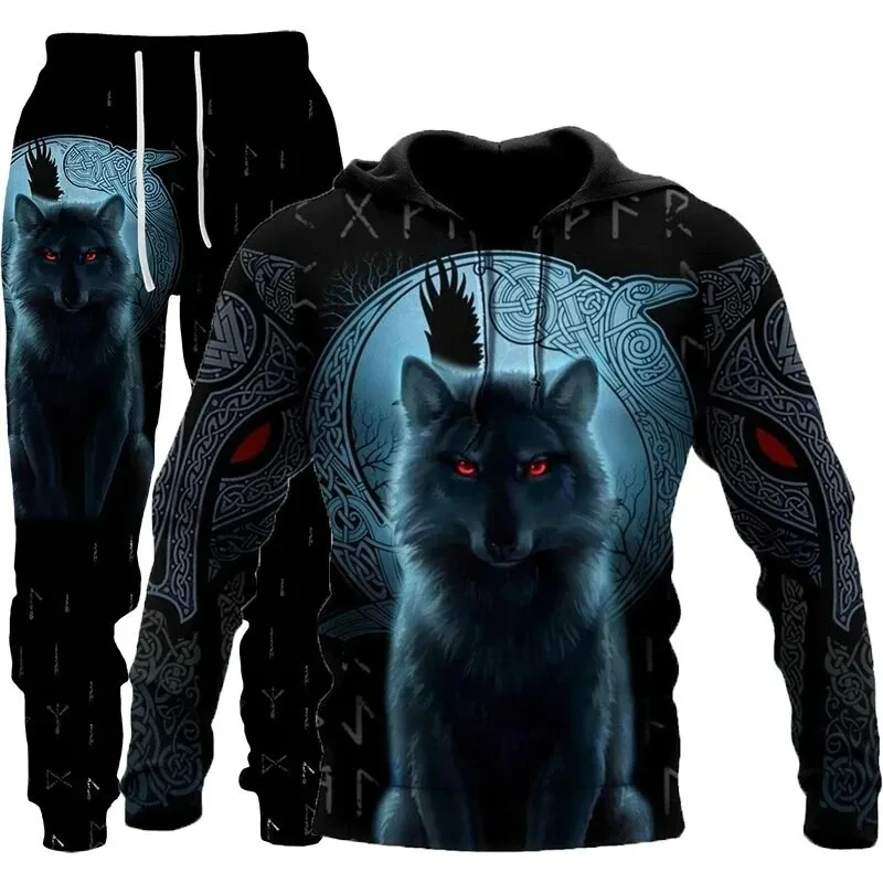 Conjunto de chándal informal para hombre y mujer, traje de 2 piezas con estampado 3D de tatuaje de tótem de Lobo, Sudadera con capucha y pantalones,