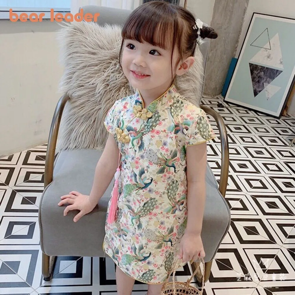 Bear Leader Summer Flower Printed Cheongsam Chinese Style Peacock Animal Sleeveless Girls Dresses Sweet New Year Kids Clothes