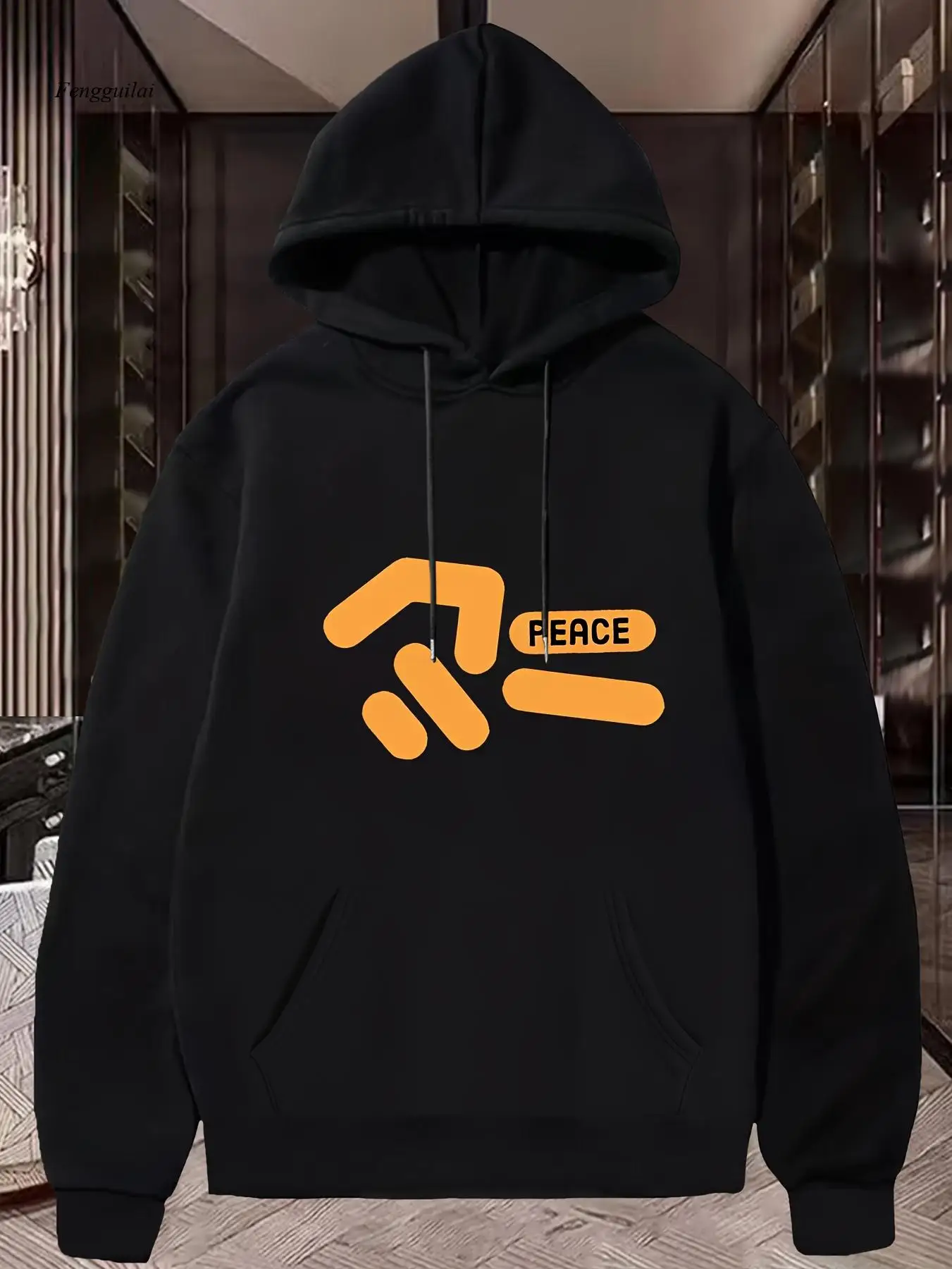 Felpa con cappuccio stile hip-hop con grafica del segno di pace - Felpa nera casual, manica lunga, lavabile in lavatrice per l'autunno