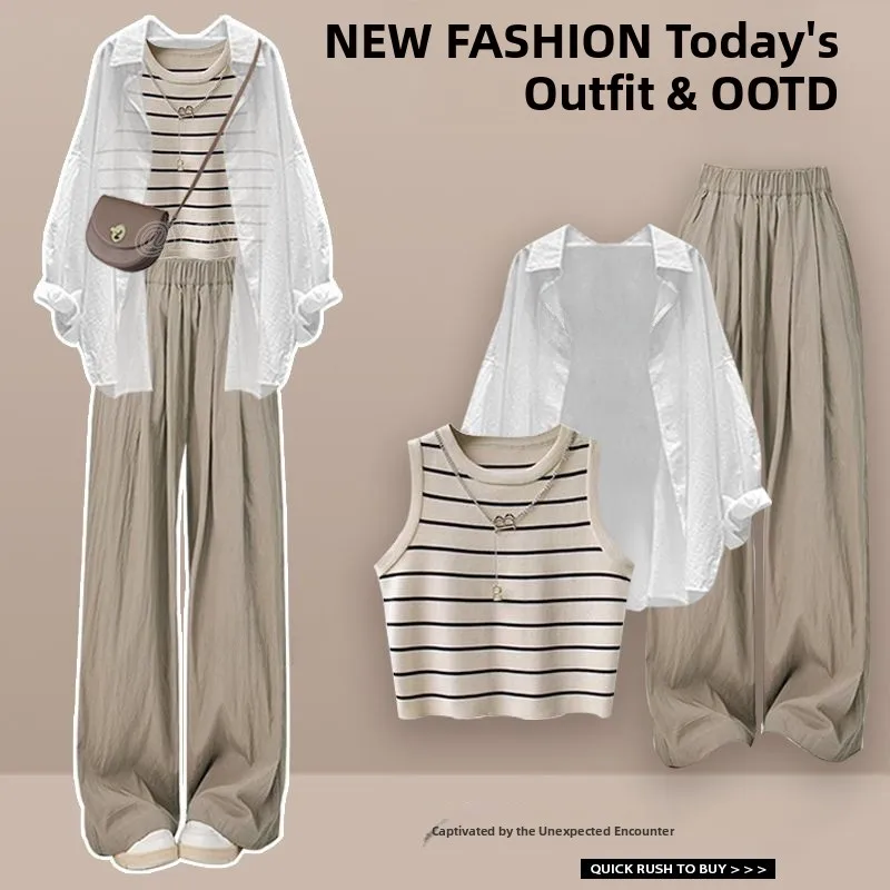 Weißes langes Sve Thin Sun Protection irt Damen-Tanktop, lässig, gestreift, passende Hose mit weitem Bein, Ele Design, Neu 2025,