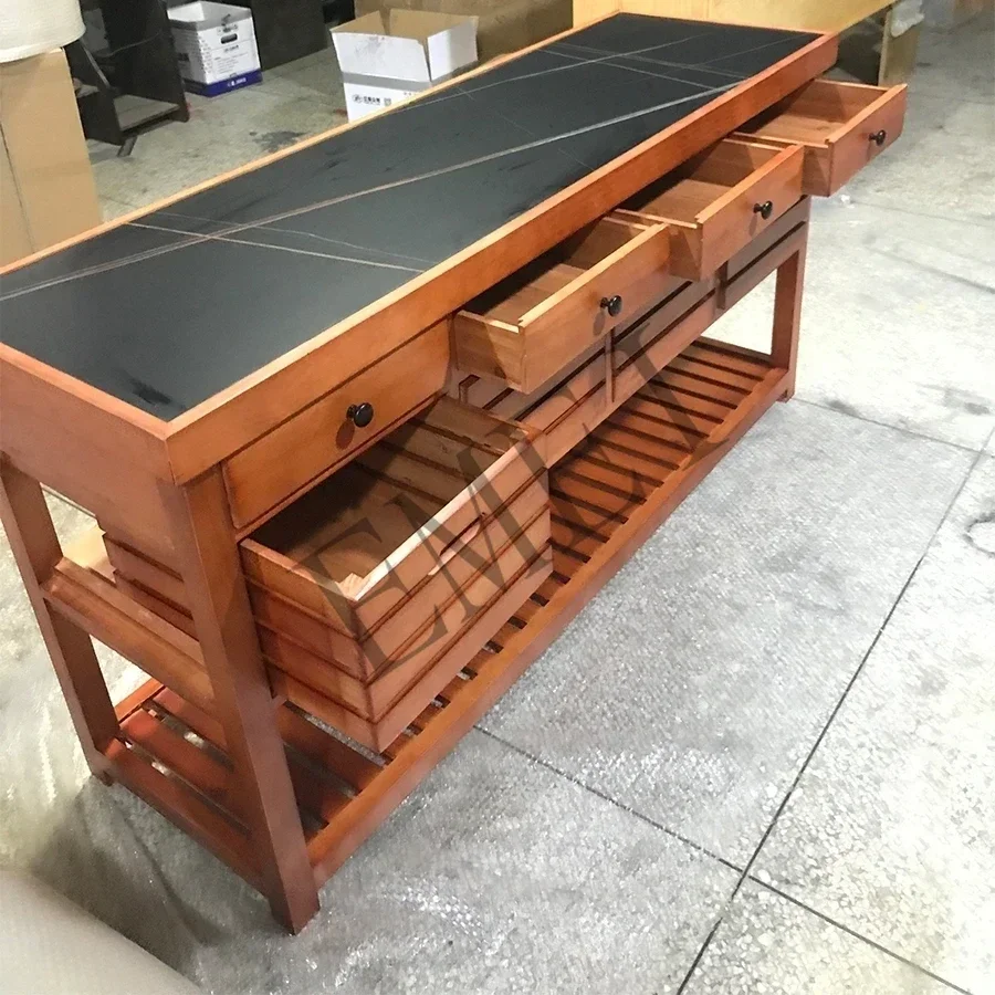 Kitchen island counter open American country retro home solid wood console worktable side cabinet