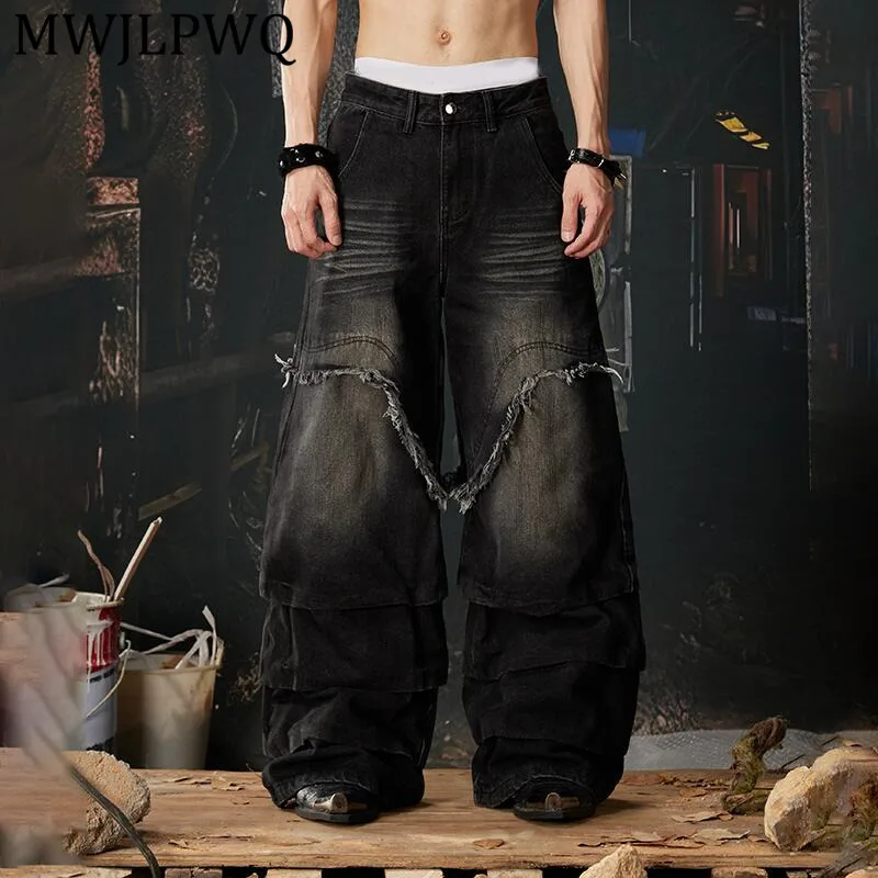 

MWJLPWQ Men's Rough Edge Pleated Washed Vintage Jeans Spliced New Streetwear Versatile Loose Fit Straight Wide -Leg Pants 14885