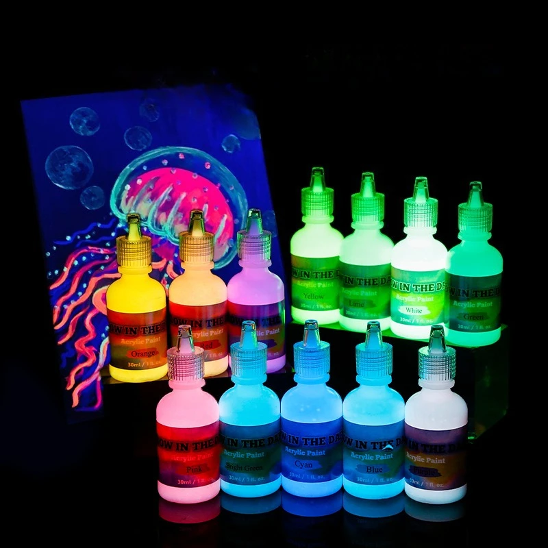 12/18 Colors 30ML Fluorescent Luminous Acrylic Paint - Waterproof Quick-Dry for Painting Graffiti DIY Art Supplies