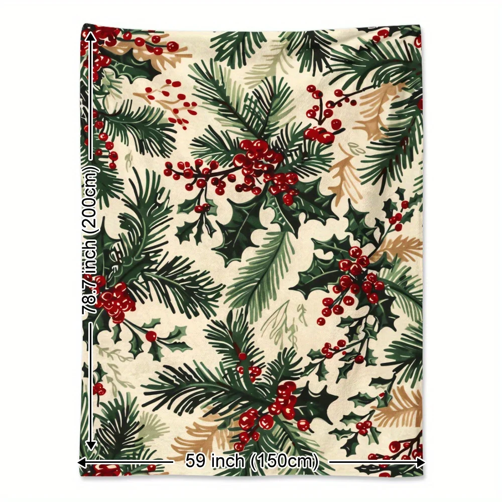 Off-White Background Christmas Pine Branch Holly Red Berries Full Print Flannel Blanket Holiday Atmosphere Home Sofa Soft Nap Wa