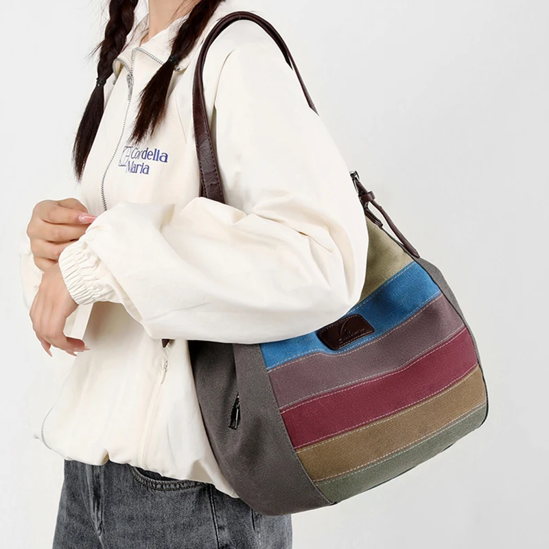 Large Capacity Tote Bag Women\'s Casual All Kinds Of Striped Color Contrast Shoulder Bag Multi-Space Canvas Hand Bag Women