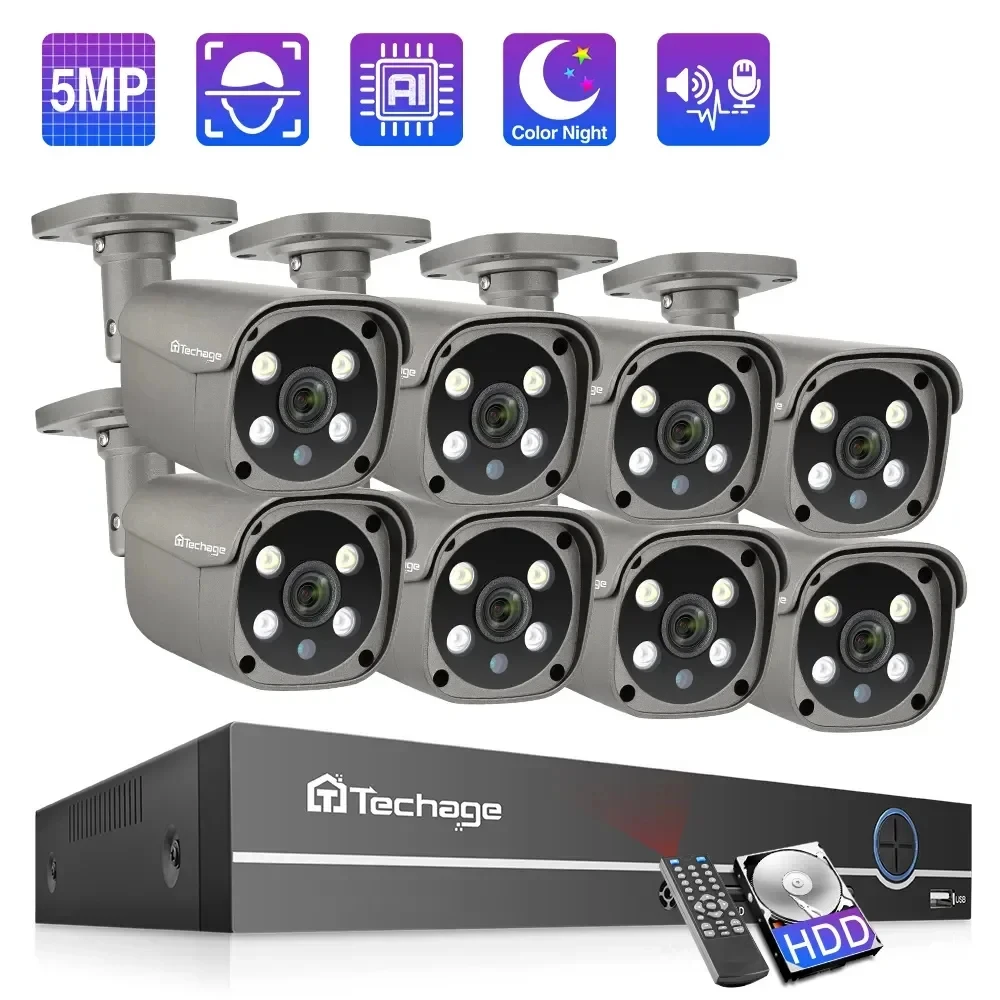 Techage 보안 카메라 시스템 CCTV 비디오 감시 키트, 야외 IP 카메라, POE NVR AI 인간 감지, 양방향 오디오, P2P, 8CH, 5MP
