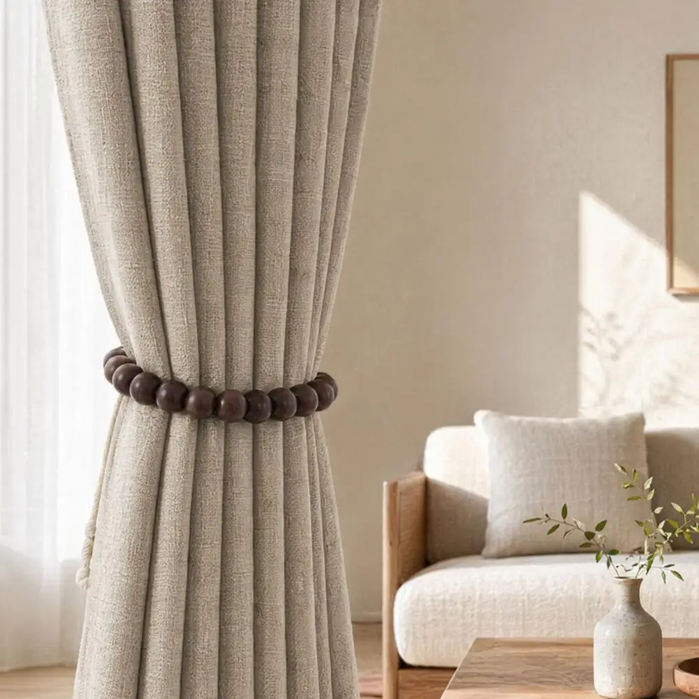 Decorative Curtain Ties Fixed Curtain Holders 2pcs Wood Bead Curtain Tiebacks Boho Farmhouse Drapery Holdbacks for Home