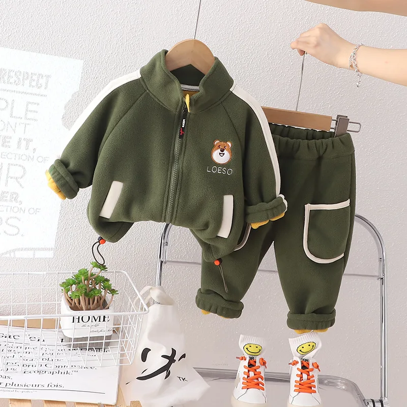 Winter Warm Baby Clothes Suit Children Boys Thick Cartoon Dinosaur Jacket Pants 2Pcs/Set Kids Girl Clothing Toddler Warm Costume