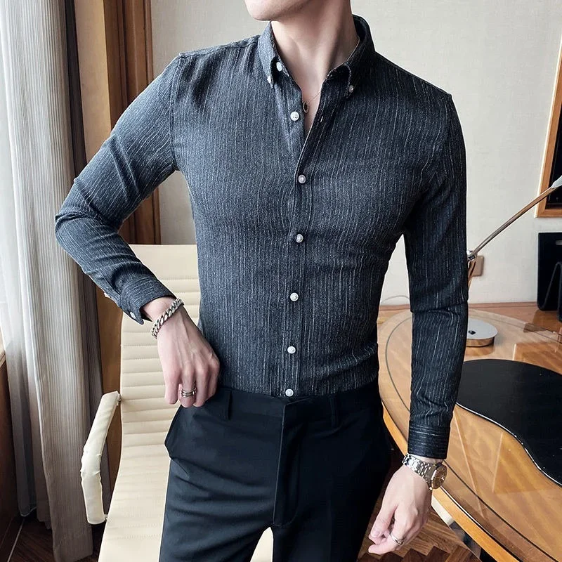 2024 New High Quality Striped Shirts British Style Long Sleeve Slim Casual Shirts Luxury Men Business Social Party Dress Shirt