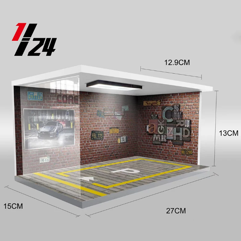 1:24 Garage Model Parking Lot Alloy Vehicles Toy LED Lighting Scene Simulation Display Collectibles Hobbies Gifts