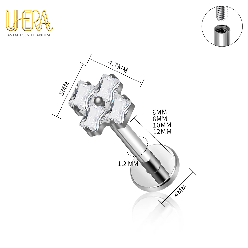 G23 ASTM F136 Titan Labret Stud mit Schmetterlings-Mond-Top und Baguette-Zirkonia, Innengewinde, für Knorpel-, Ohr-, Lippen- und Körperpiercings – Detail 6