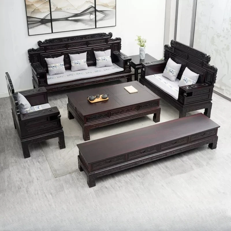 

Log sofa coffee table TV cabinet combination Chinese living room villa antique mahogany solid wood