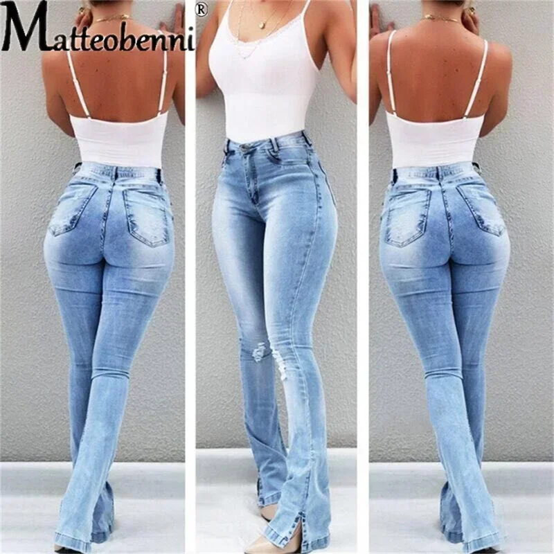 Women Casual Flared Jeans Fashion Sexy Skinny Split Leg Open Streetwear Fray Hole Stretch High Waist Blue Washing Denim Pants