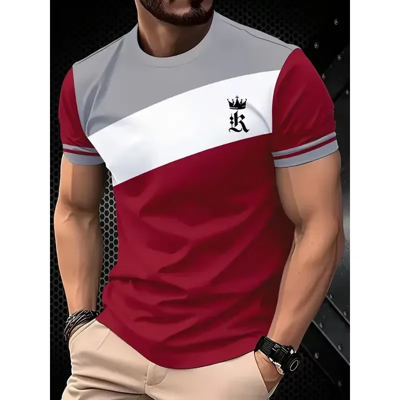 3D Digital Print Men T Shirt 2026 Grey White Wine Red Color Block Crown K Letter Print Crew Neck Short Sleeve Tops Fashion