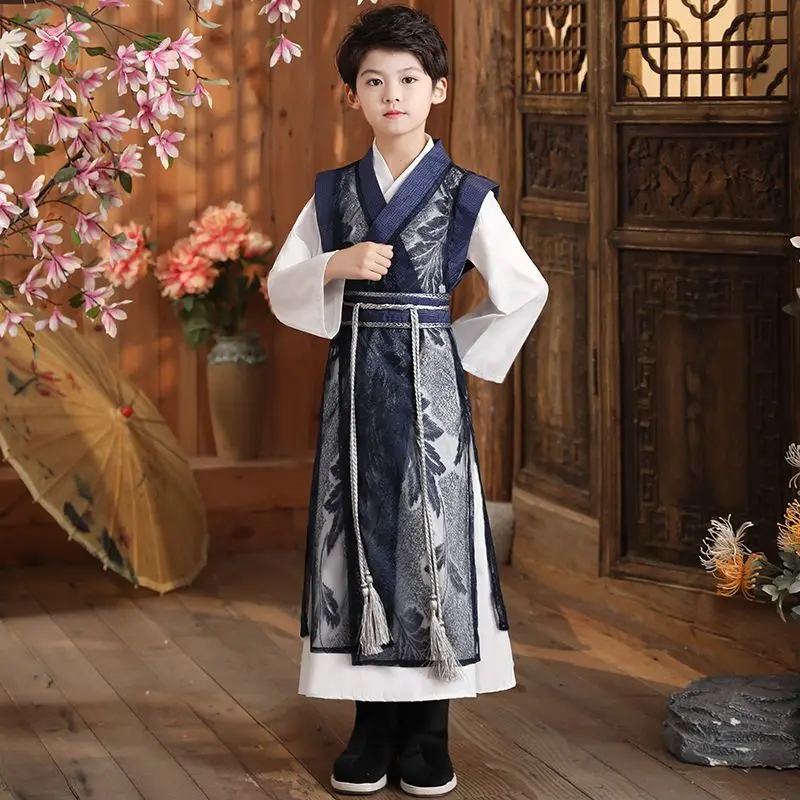 

Костюм Ханфу Тан для мальчиков — новый китайский традиционный наряд 2025 года, платье ученого, костюм для выступлений для детей