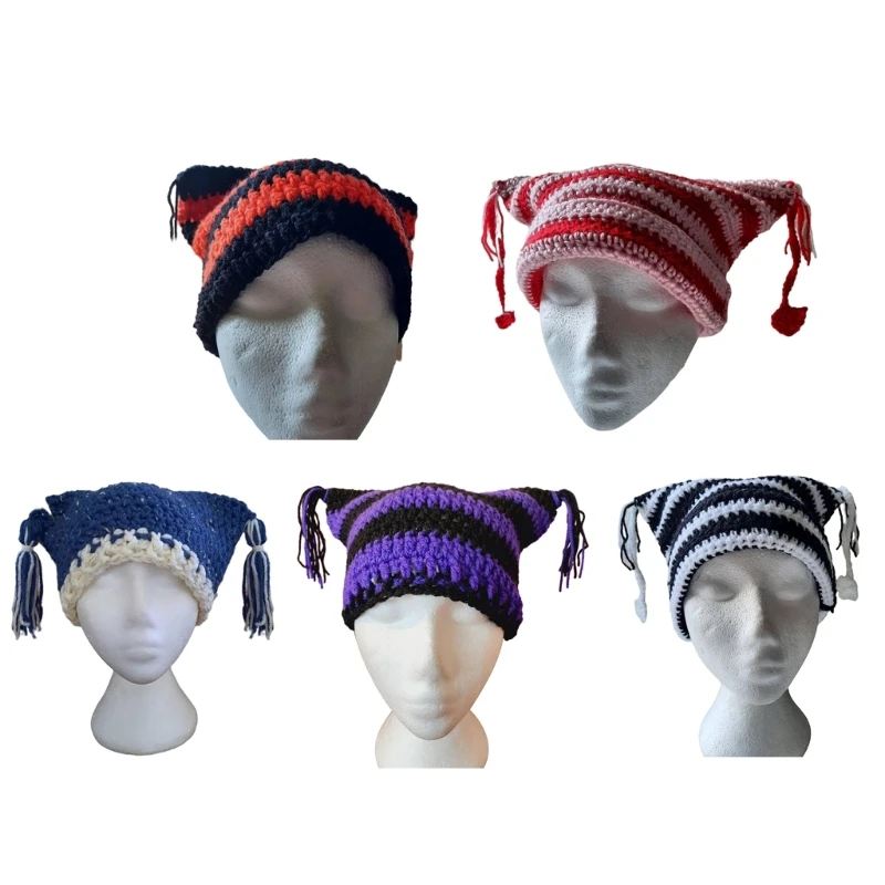 

High Elastic Windproof Cat Ear Hat Knitted Stripe Pattern Hat for Women Men Keep Ear Warm Hat with Dangle Tassels Decor