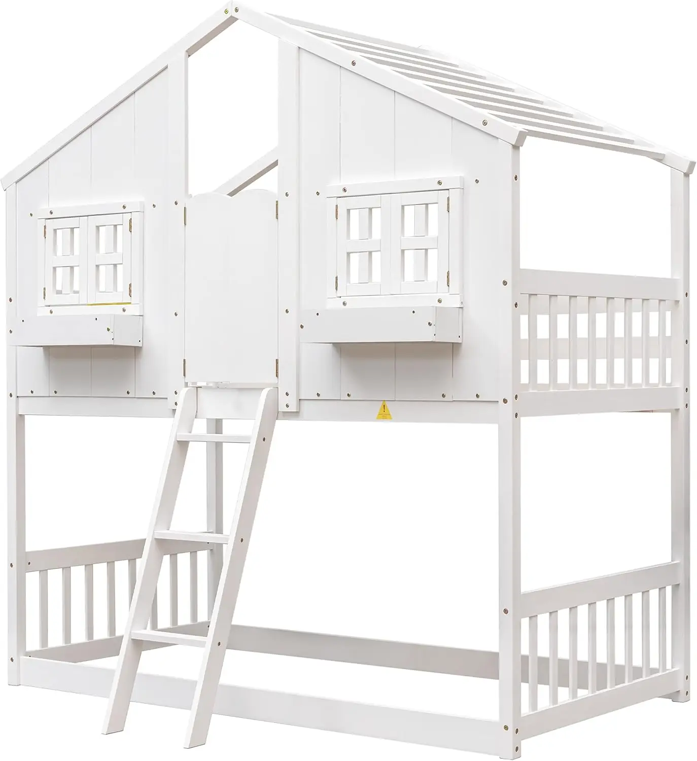 

Bunk Bed Twin Over Twin Kids Bunk Bed Wood Frame with Roof, Window, Window Box, Door, Safety Guardrails and Ladder