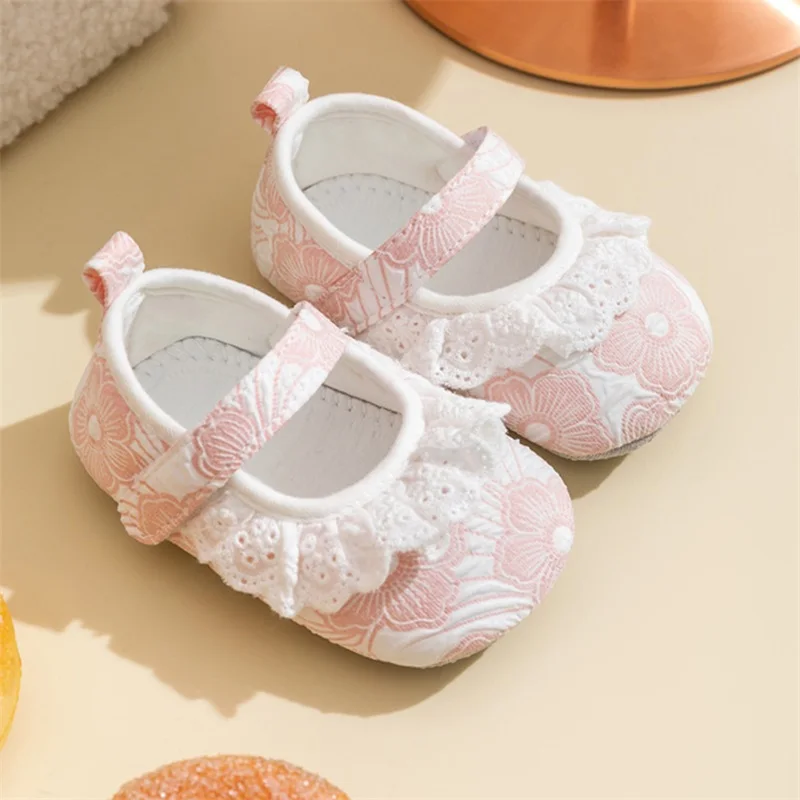 EWODOS Baby Girls Print Princess Shoes Cute Soft Flexible Flower Lace Trim Non-slip Bottom First Walker Shoes Fall Toddler Shoes