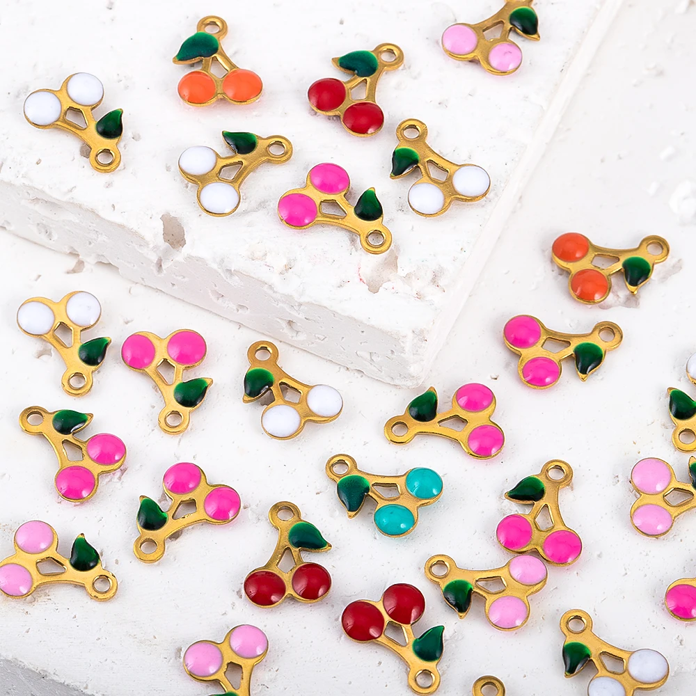 

5pcs Cherry Stainless Steel Pendant 18K Gold Color Oven-Baked Finish For DIY Earrings Mini Charms Jewelry Supplies Materials